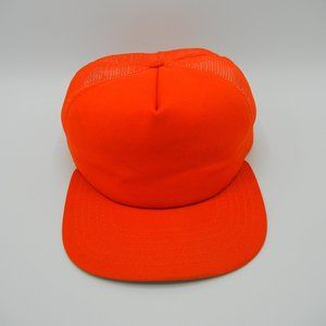 Vintage Trucker Hat Orange Flat Brim Mesh Dome Made In USA New Era Snapback